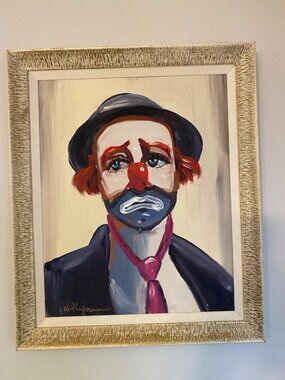 1950 SAD CLOWN PAINTING SIGNED AND FRAMED